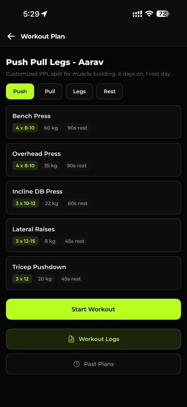 GymFast member app showing a push-pull-legs workout plan with sets, weights, and rest times
