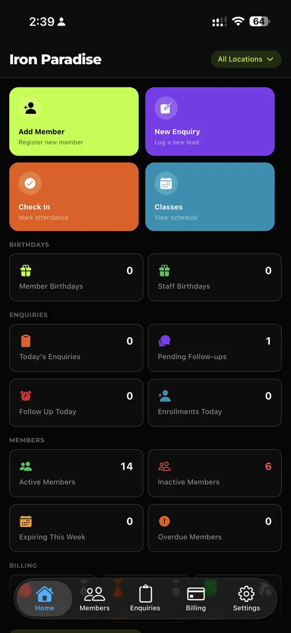 GymFast staff app home with quick actions for members, enquiries, check-in, and classes, plus membership and enquiry counts