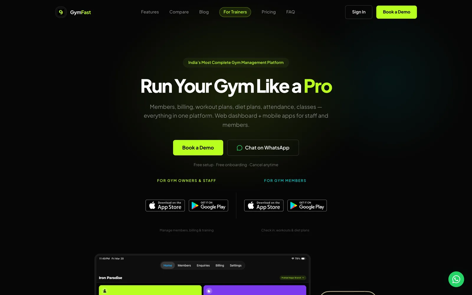 GymFast homepage: Run your gym like a pro, with app store links for gym staff and members