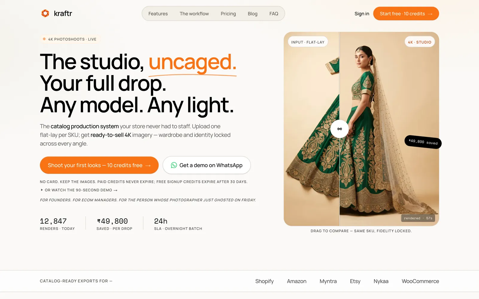 Kraftr homepage comparing a flat-lay lehenga with the generated 4K studio image