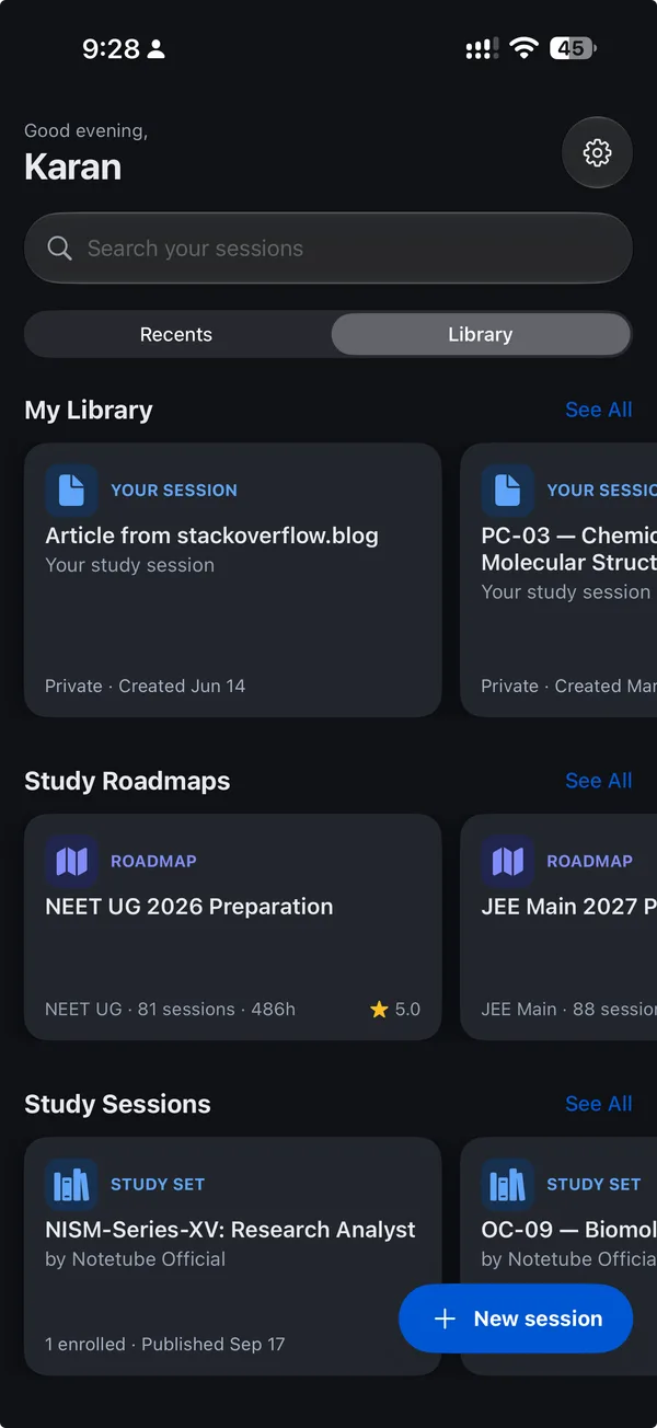 NoteTube mobile app library with study sessions, roadmaps for NEET and JEE, and published study sets