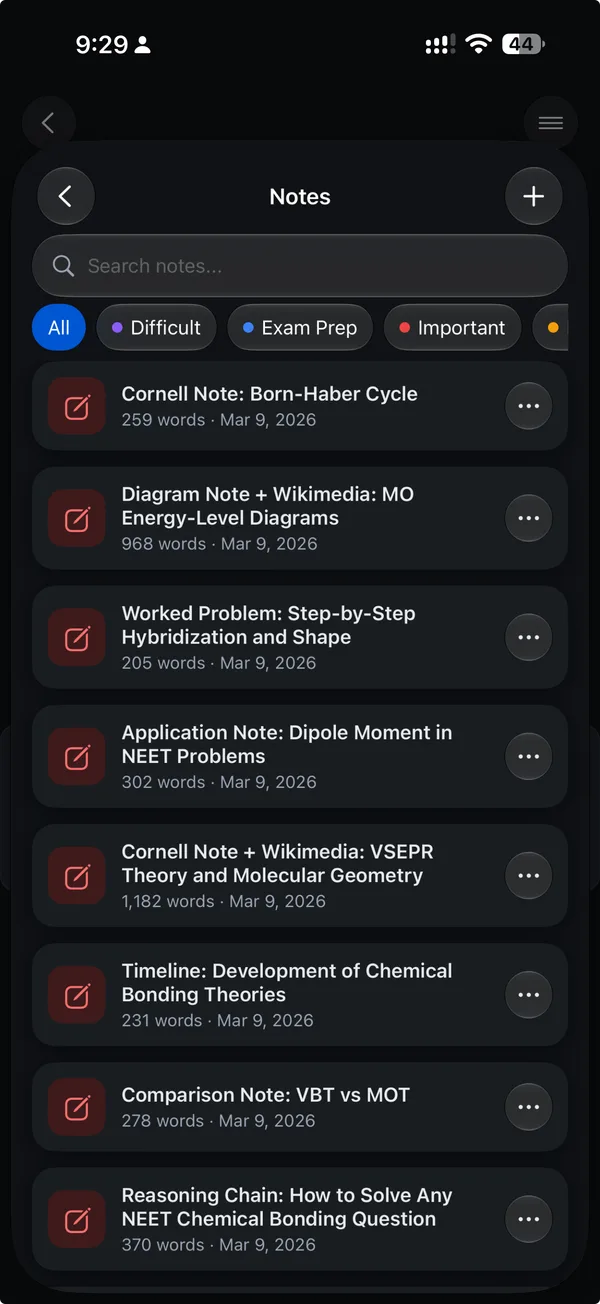 NoteTube mobile app notes list with Cornell notes, worked problems, and comparison notes, filterable by tag