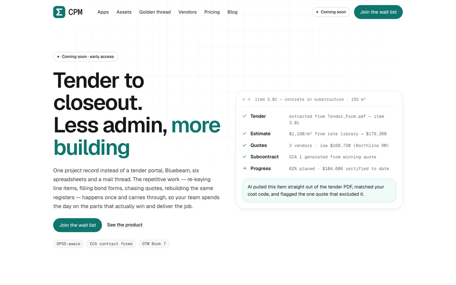 SigmaCPM homepage showing a tender item traced from extraction to progress billing