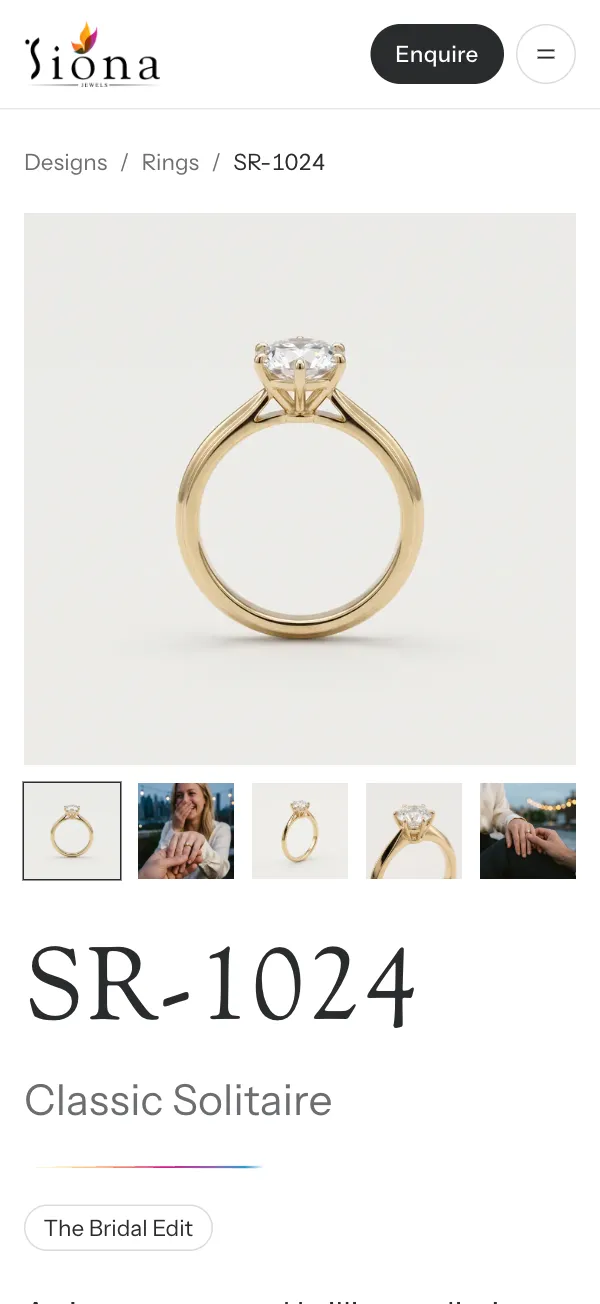 Siona Jewels design page for SR-1024 Classic Solitaire, with product photos and the design number