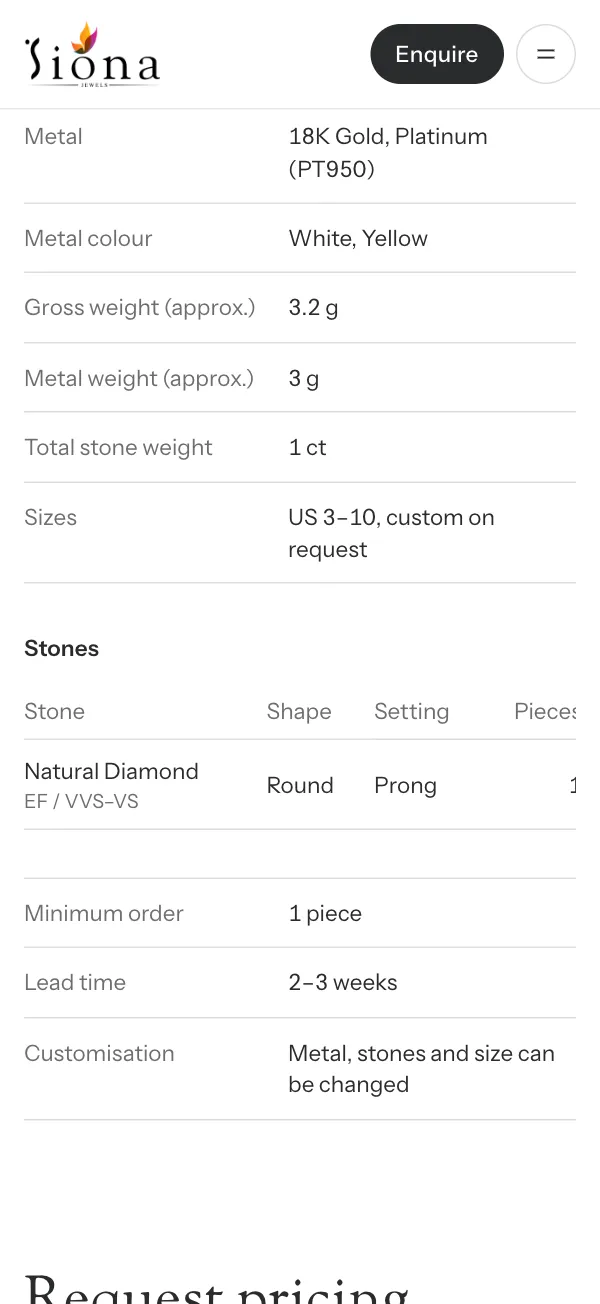 Siona Jewels design specs: metal, colour, gross and metal weight, stones, minimum order of 1 piece, and 2 to 3 week lead time