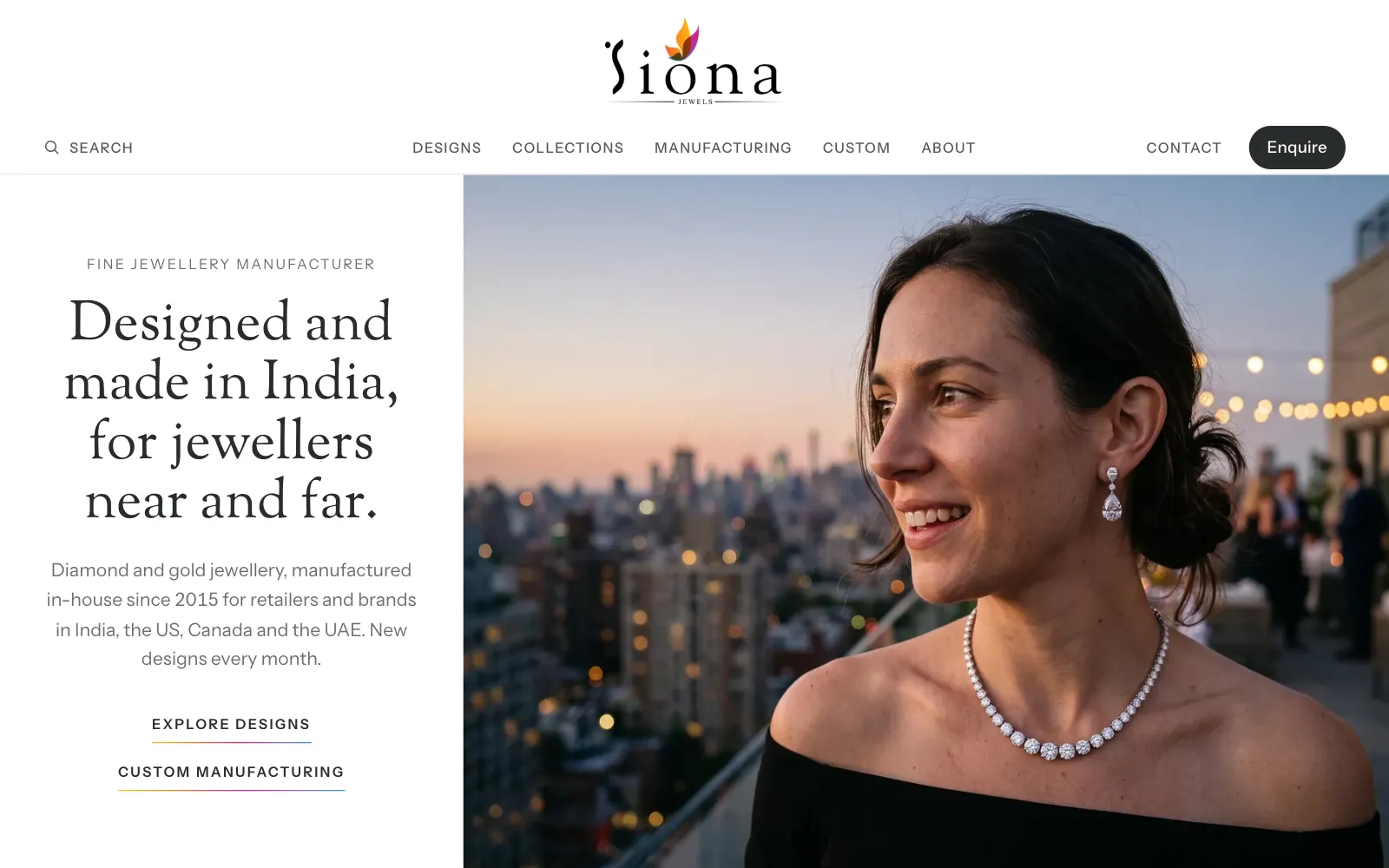 Siona Jewels homepage: Designed and made in India, for jewellers near and far, with a model wearing a diamond necklace and drop earrings