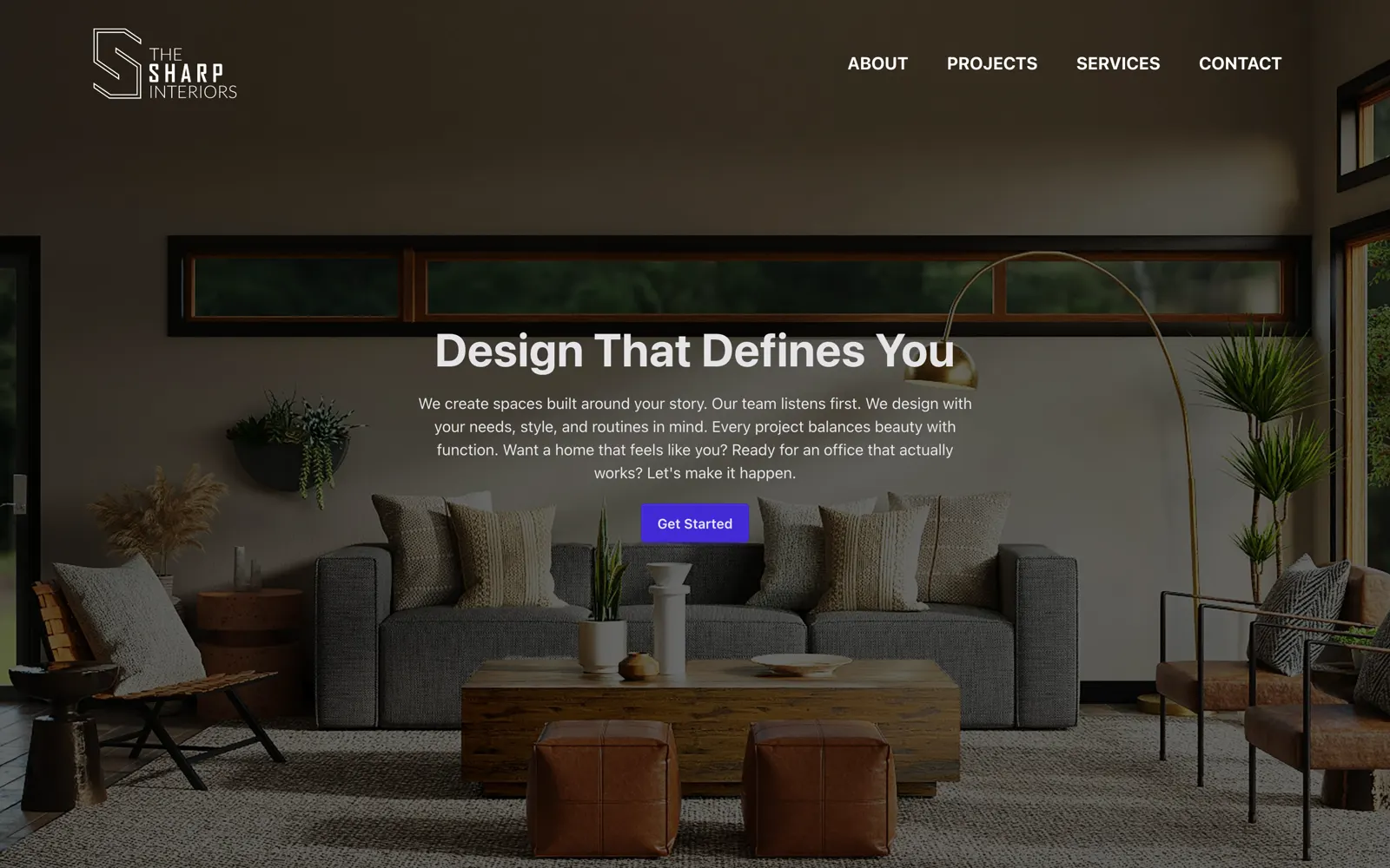The Sharp Interiors homepage with a styled living room
